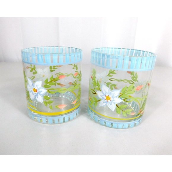 Hand Painted Capriware Glasses Set 2 Floral Pattern Flowers Barware Drinkware - Picture 5 of 10